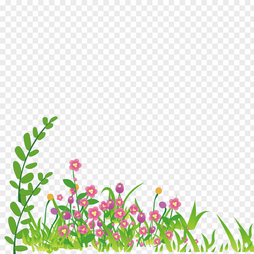 Cartoon Grass Wildflowers Wallpaper PNG