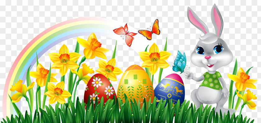 Easter Bunny With Daffodils Eggs And Grass Decor Clipart Picture Stock Photography Clip Art PNG