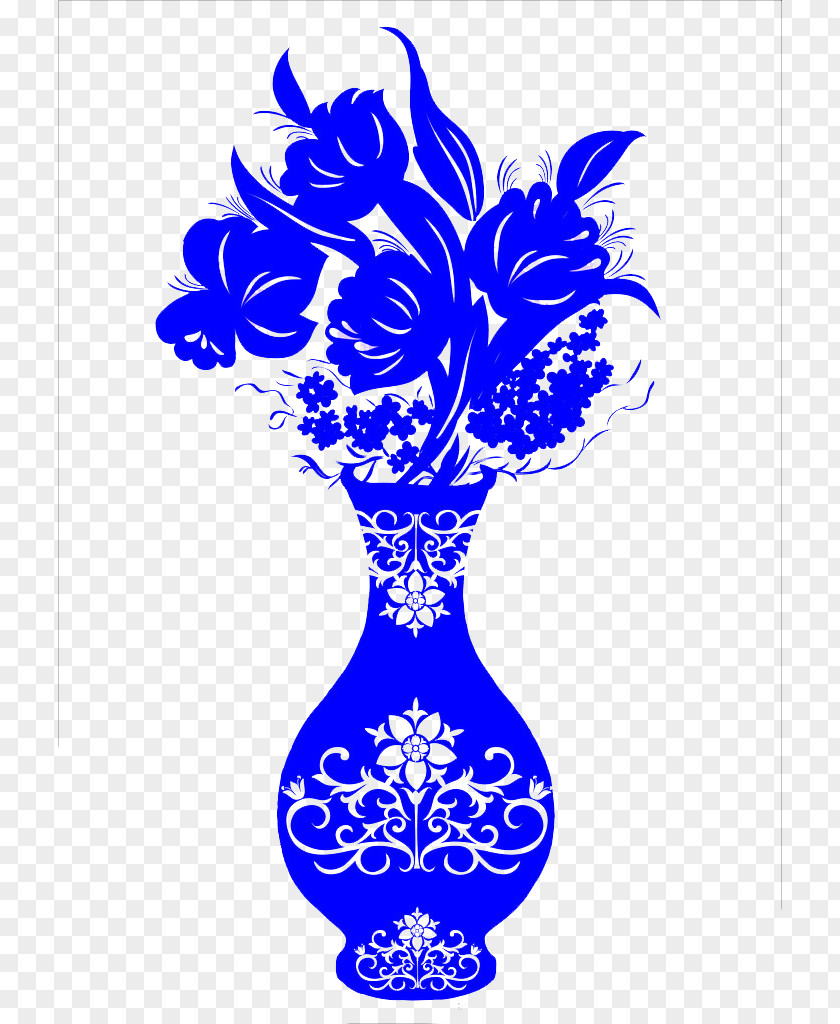 Blue Vase Pattern Papercutting And White Pottery PNG