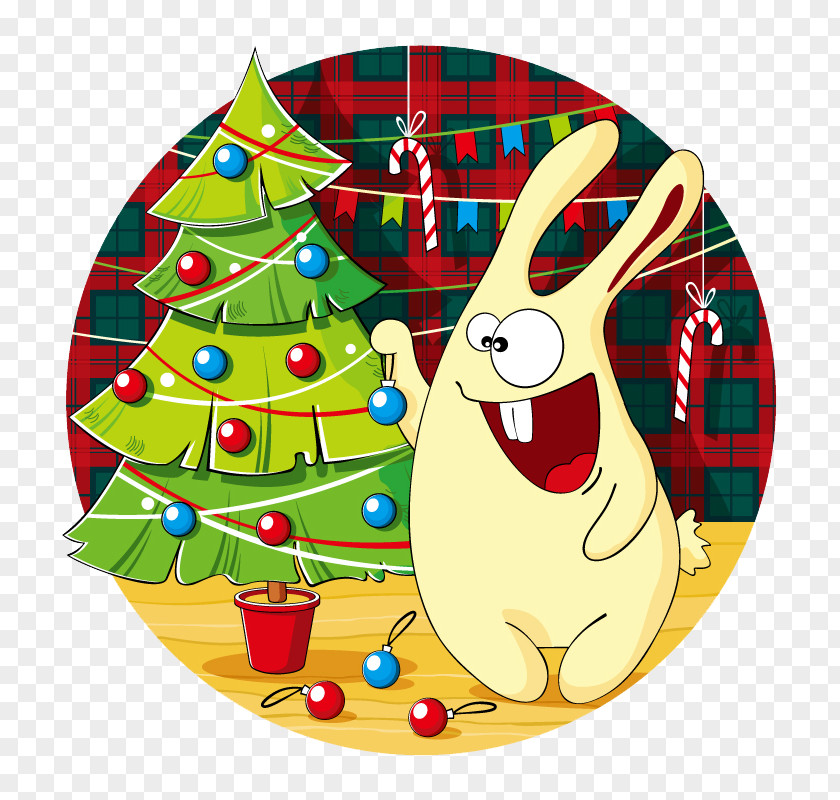 Cartoon Christmas Tree And Rabbits Santa Claus PNG