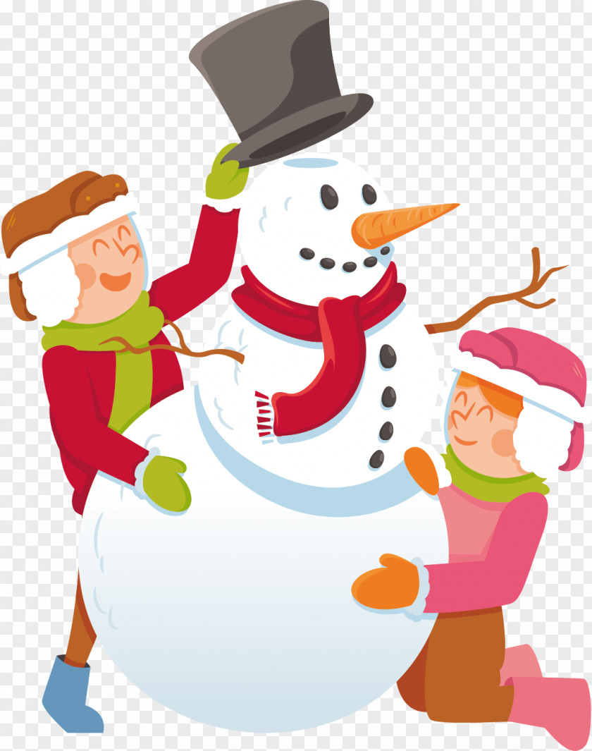 Vector People Play In The Snow Children Snowman Winter Clip Art PNG
