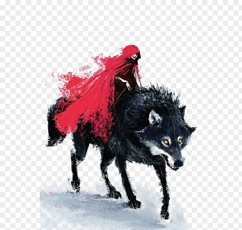 Fairy Tale Little Red Hat Illustration Big Bad Wolf Riding Hood Gray Drawing Art PNG