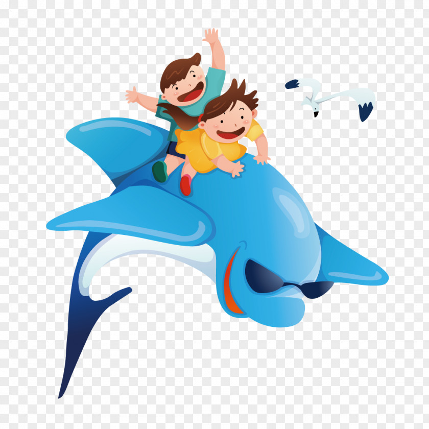 Riding On A Whale Siblings Dolphin Illustration PNG