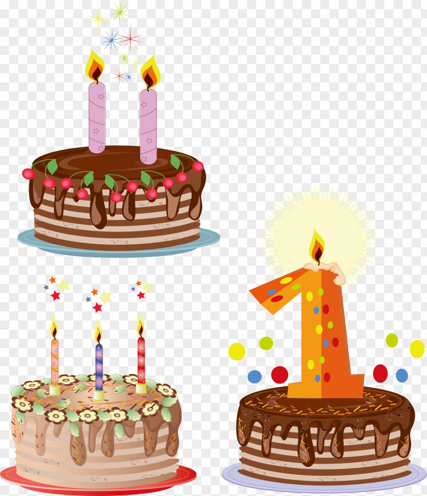 3 Chocolate Fruit Cake Vector Birthday Greeting Card Clip Art PNG