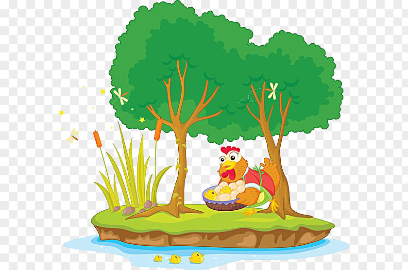 Hen Chick Care Cartoon Tree Illustration PNG