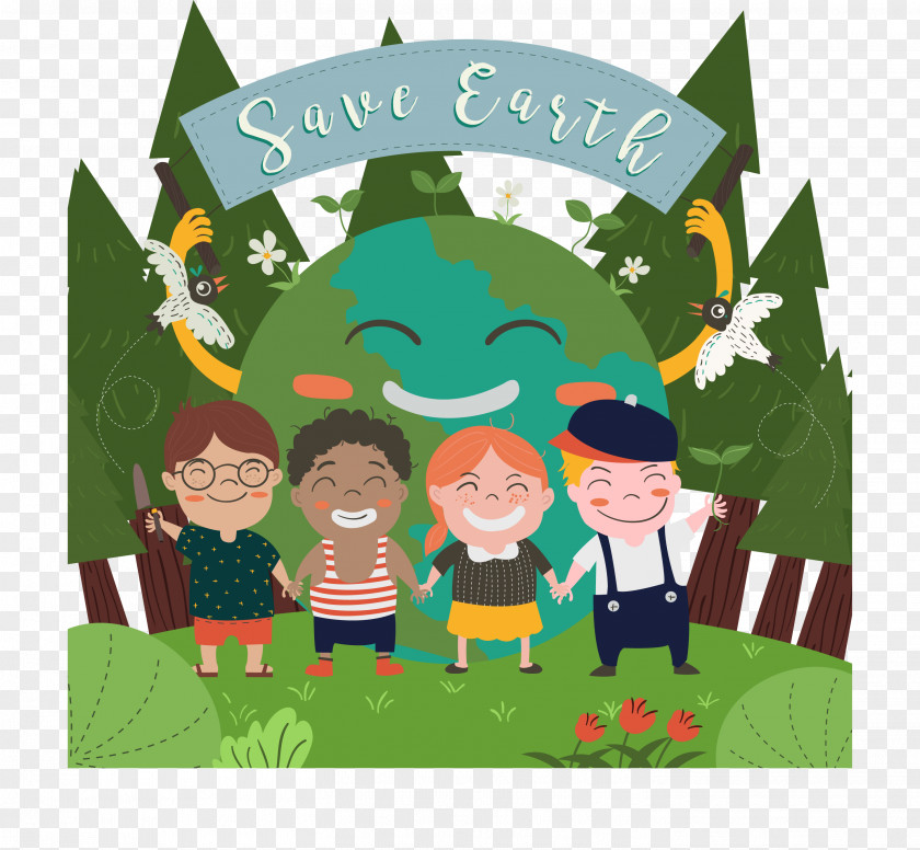 Happy Children Earth Cartoon Illustration PNG