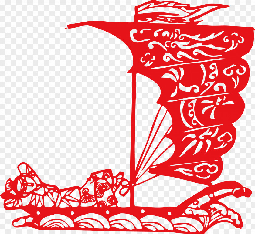 Traditional Paper-cut Red Boat China Papercutting Tradition PNG