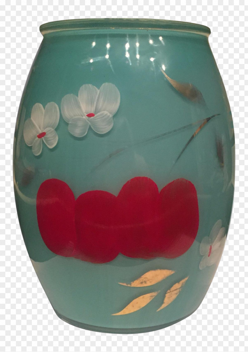Hand-painted Cherry Blossoms Ceramic Glass Vase Turquoise Teal PNG