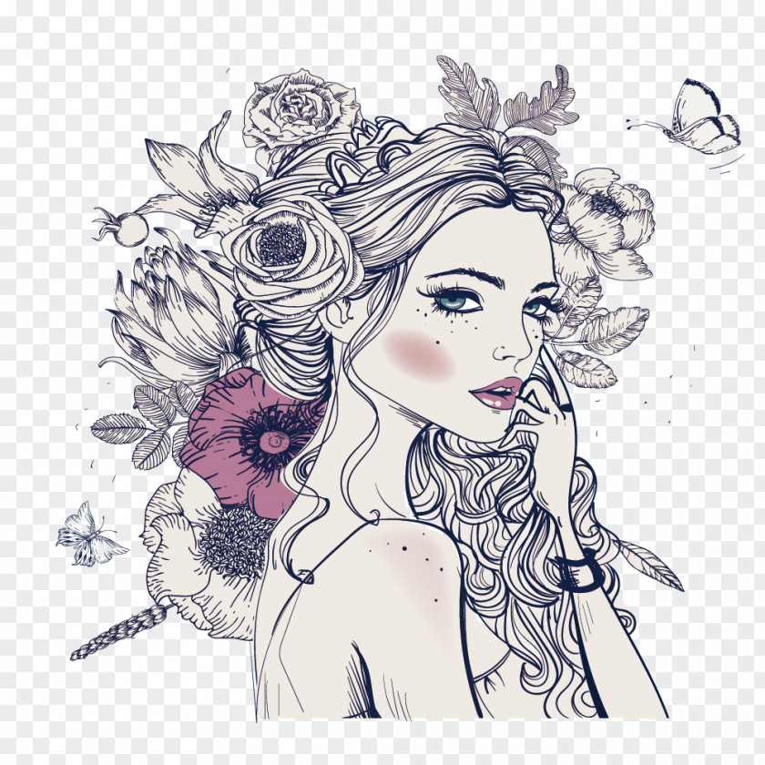 Butterfly Flower Headdress Woman Coloring Book Adult Drawing PNG