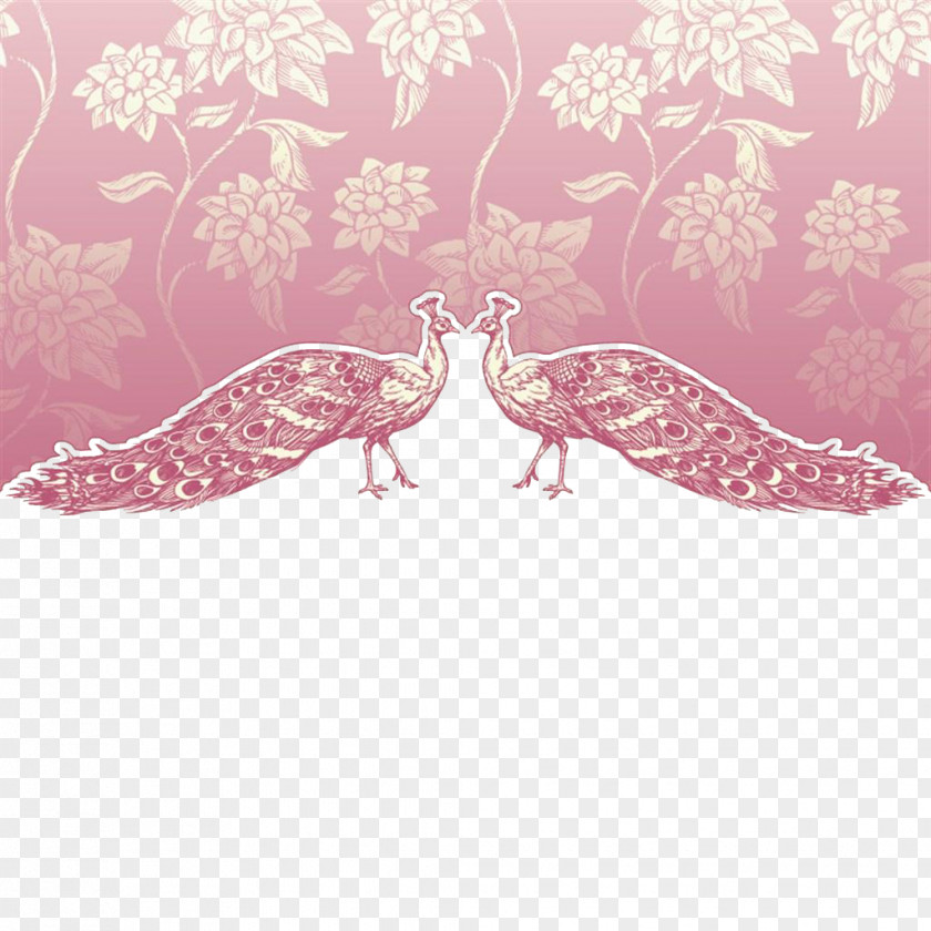 Two Pink Peacock Wedding Invitation Greeting Card Vintage PNG