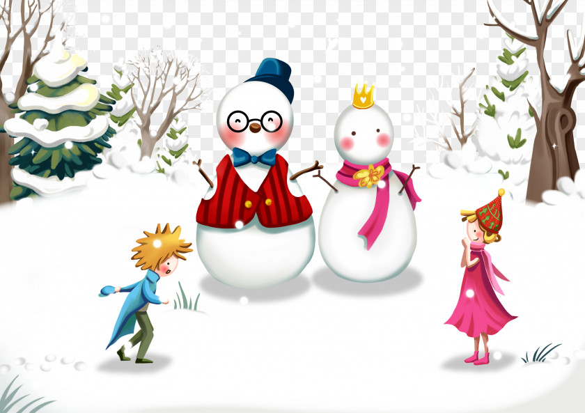 Two Children Out Of The Heap Snowman Winter Cartoon Illustration PNG