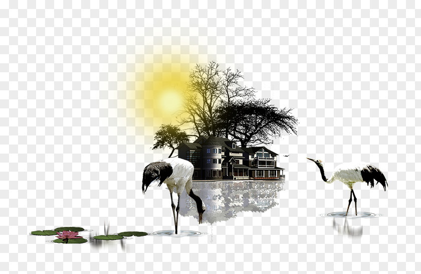 Chinese Ink Painting Style Foraging Crane Download PNG