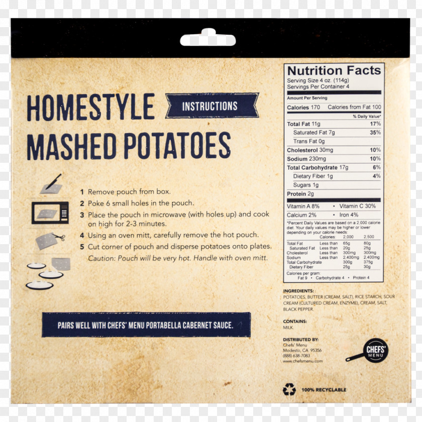 Milk Mashed Potato Cream Nutrition Facts Label PNG