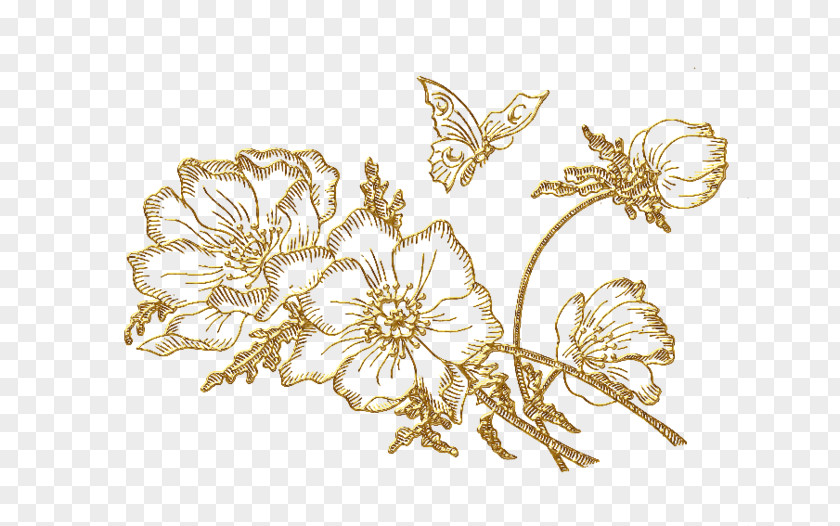 Golden Flower Butterfly Paper Drawing Stencil Satin Stitch PNG