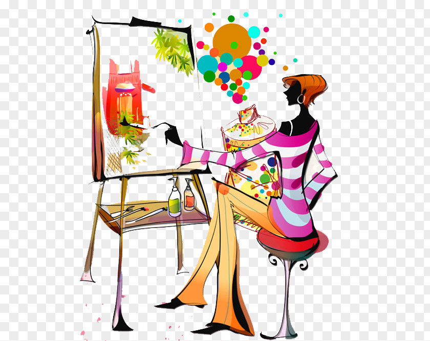 Woman Painting Cartoon Illustration PNG