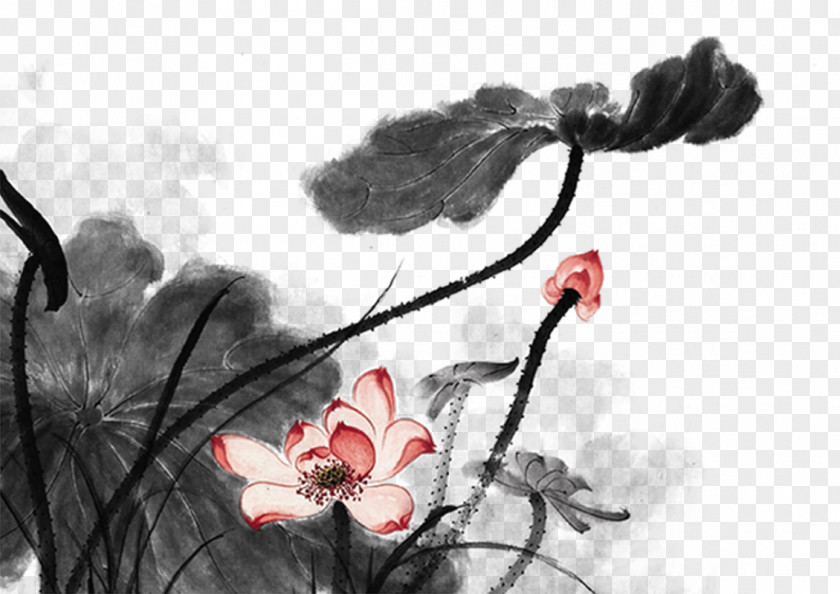 Lotus Ink Wash Painting Shan Shui Chinoiserie PNG