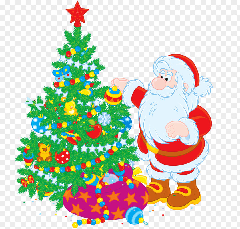 Santa Claus Decorating A Christmas Tree Illustration PNG