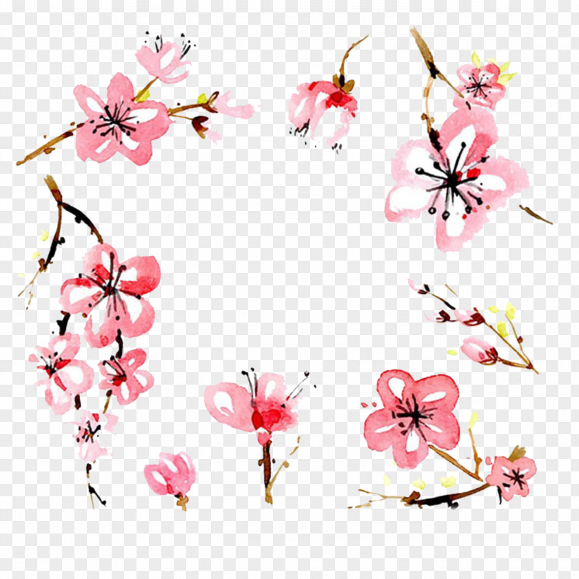 Lovely Hand-painted Cherry Trees Buckle Free Material Blossom Floral Design Watercolor Painting PNG