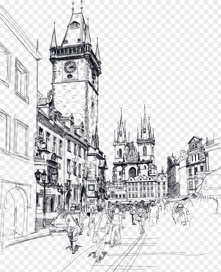 Europe And The United States Drawing Free Old Town Square Charles Bridge Sketch PNG