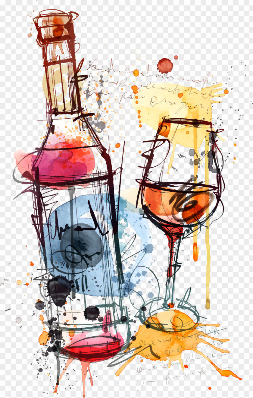 Watercolor Wine Glass And Bottle Pino Red Rosé Clip Art PNG